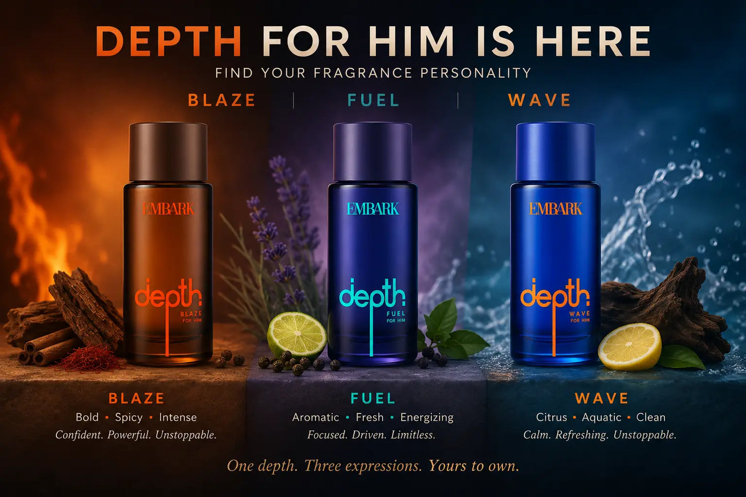 Depth For Him Is Here — Find Your Fragrance Personality: Blaze, Fuel, or Wave?