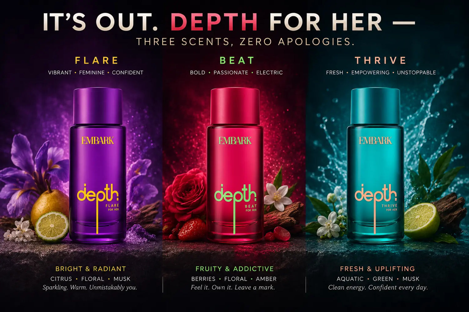 It's out. Depth For Her — three scents, zero apologies.