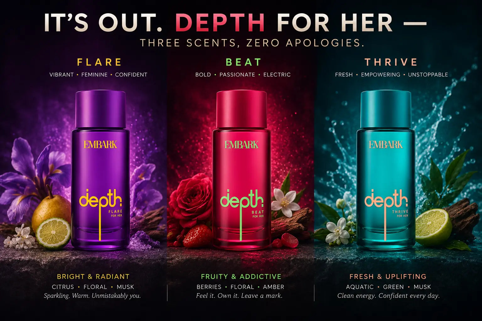 It's out. Depth For Her — three scents, zero apologies.