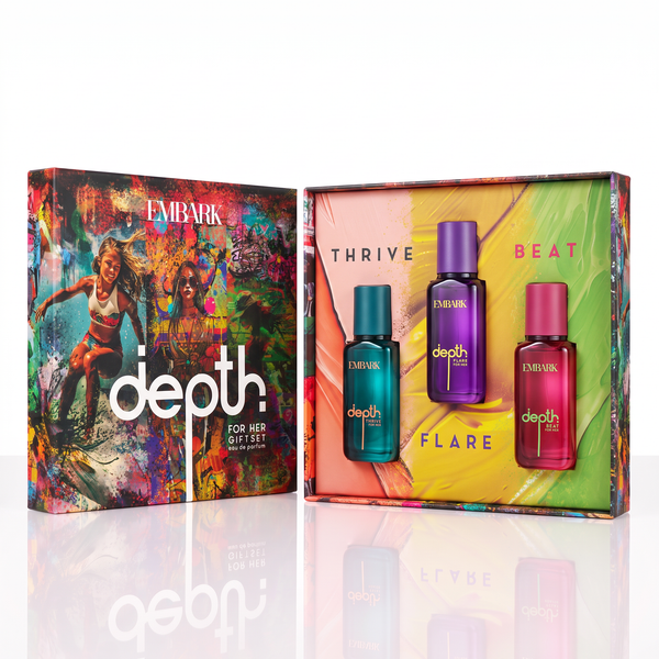 DEPTH For Her Gift Set – Beat, Flare & Thrive Eau de Parfum Embark Perfumes Best Perfume for men Best Perfume for women Buy Perfume Online Best Perfume for Her Best Perfume for Her Long Lasting Perfumes